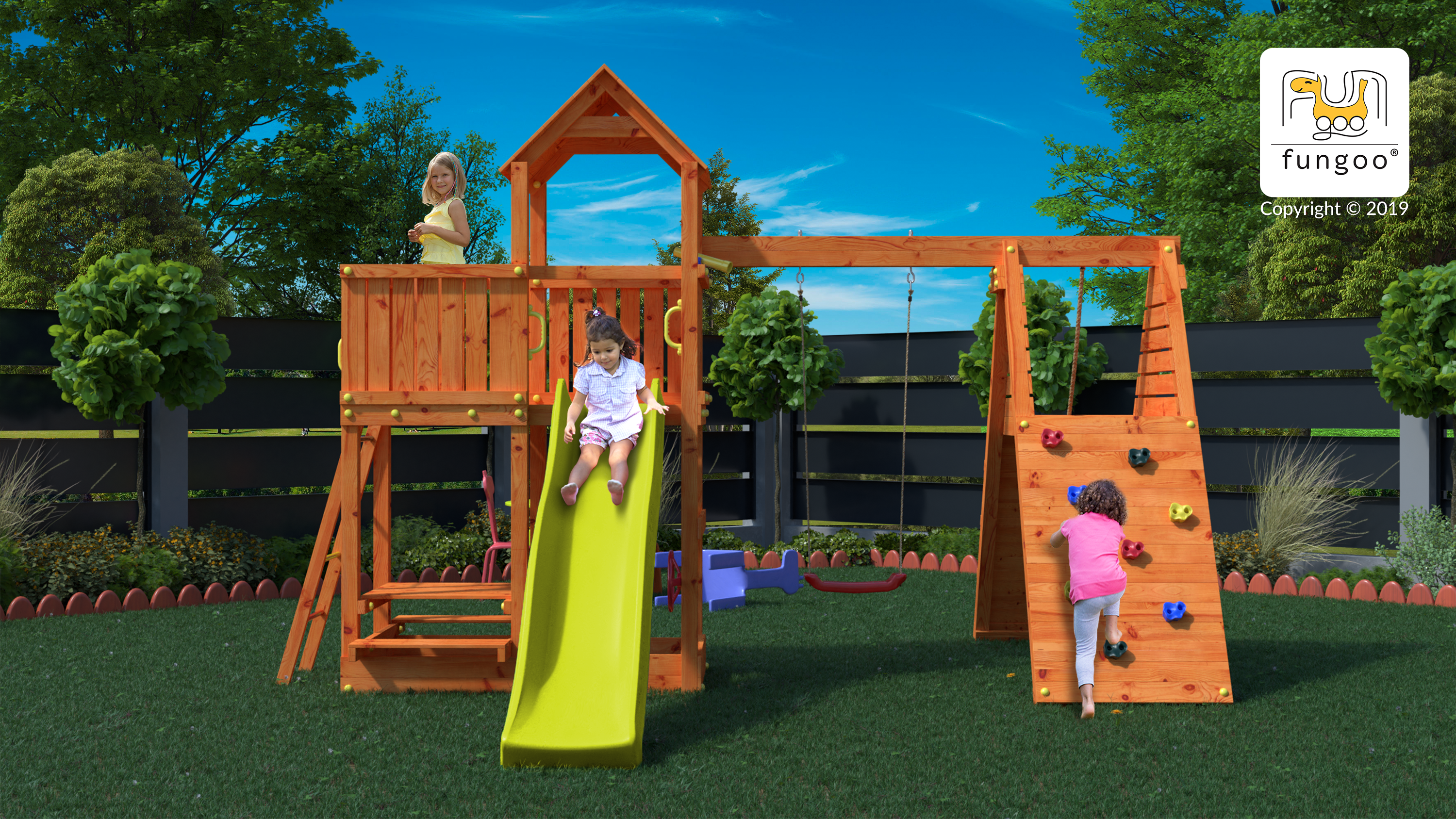 Fungoo 04640 FLUPPI дървена детска площадка с пързалка и люлки