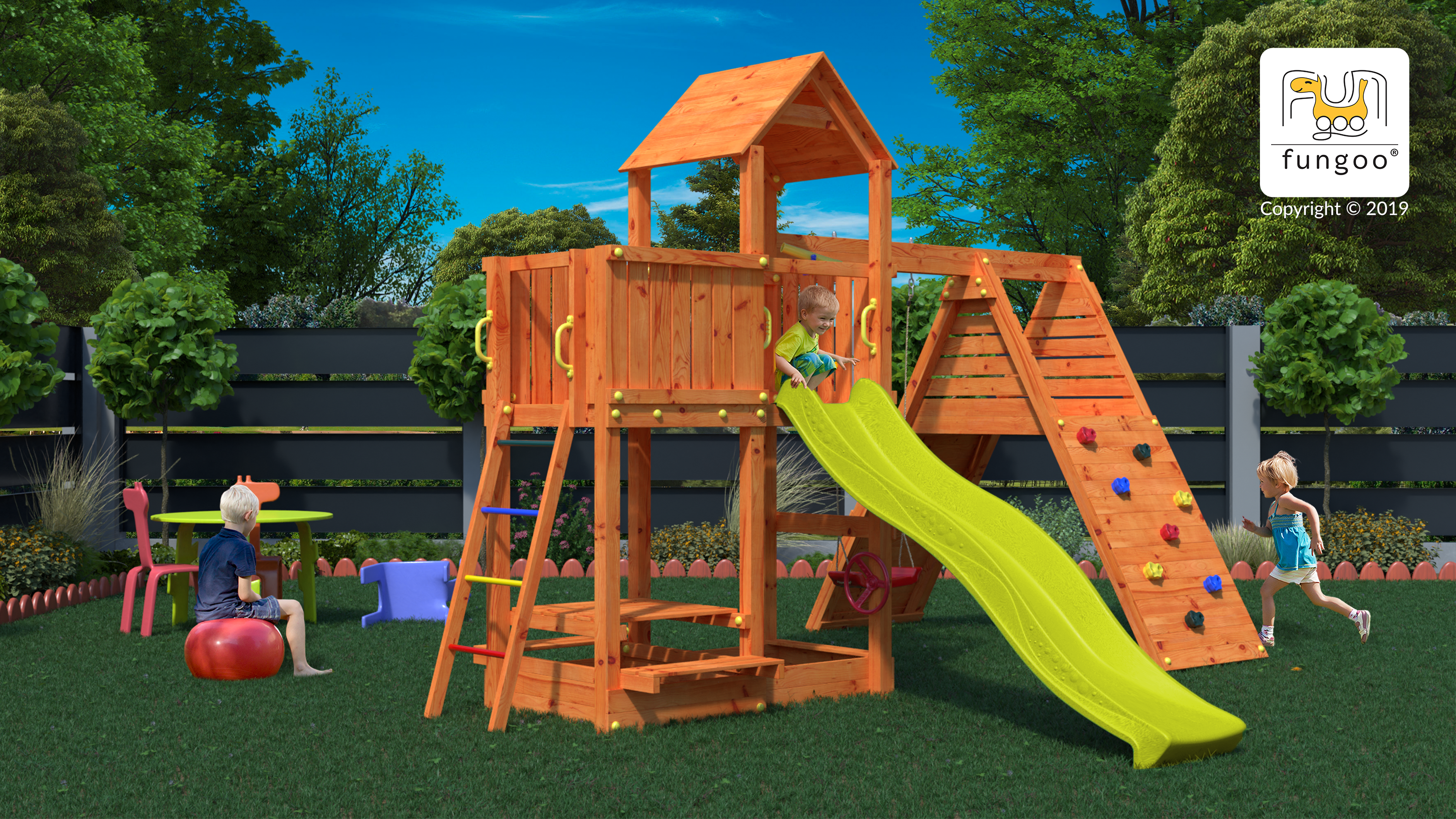 Fungoo 04640 FLUPPI дървена детска площадка с пързалка и люлки