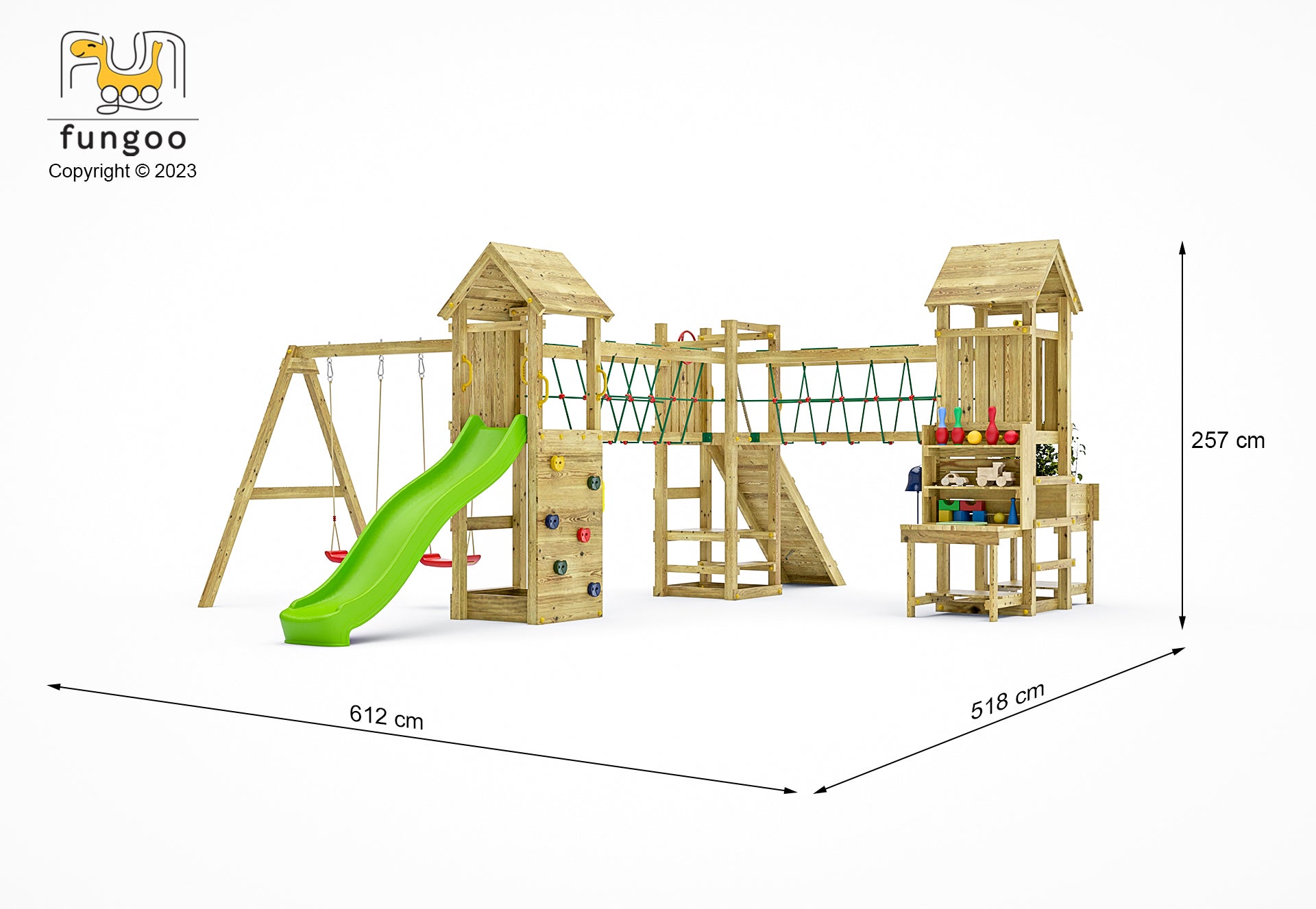 Fungoo 08510T Optimizer TEAK детска площадка с 3 кули, пързалка и люлка
