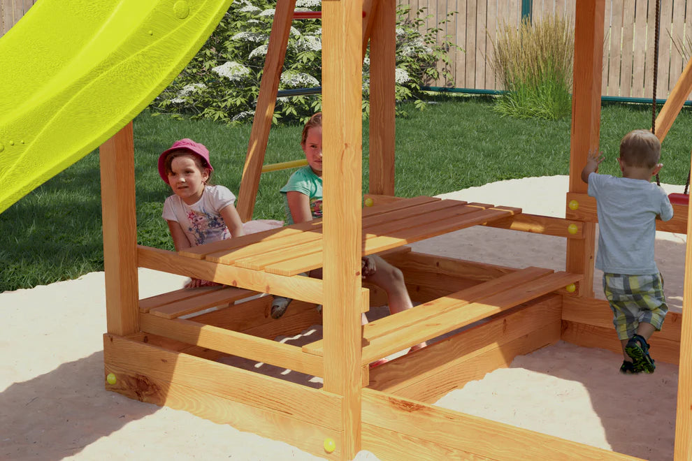 Fungoo 08950T MARS TEAK детска площадка с къща, пързалка и 2 люлки