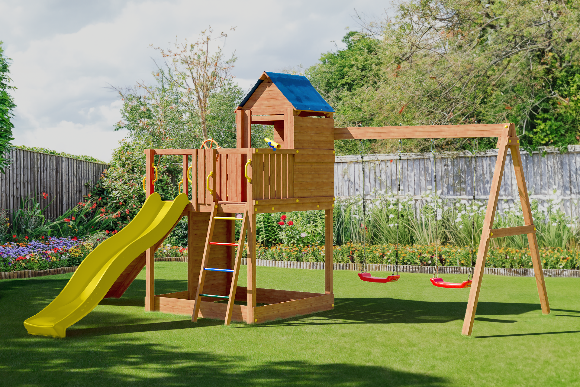 Fungoo 05130 TREEHOUSE дървена детска площадка с пързалка и люлки