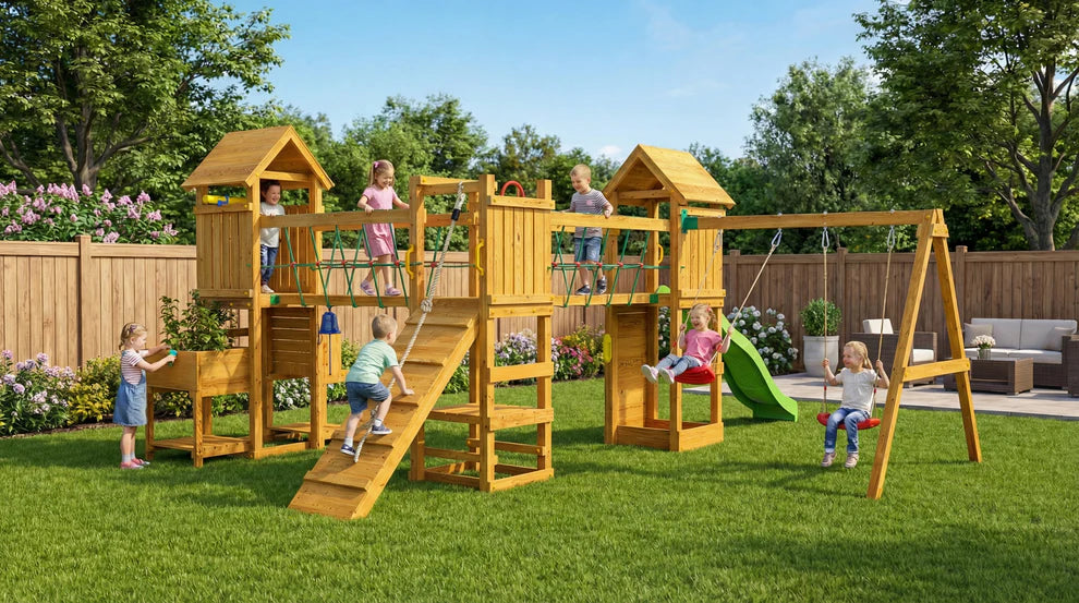 Fungoo 08510T Optimizer TEAK детска площадка с 3 кули, пързалка и люлка