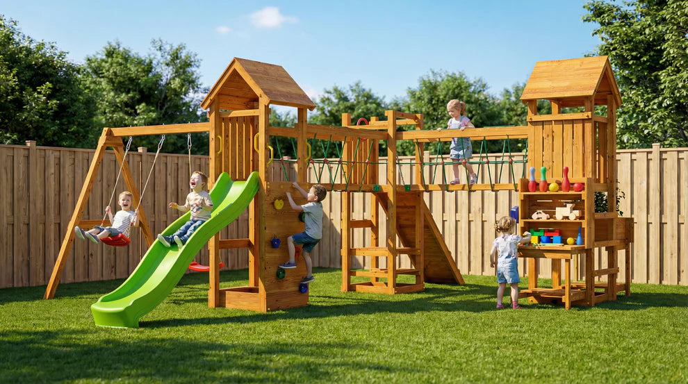 Fungoo 08510T Optimizer TEAK детска площадка с 3 кули, пързалка и люлка