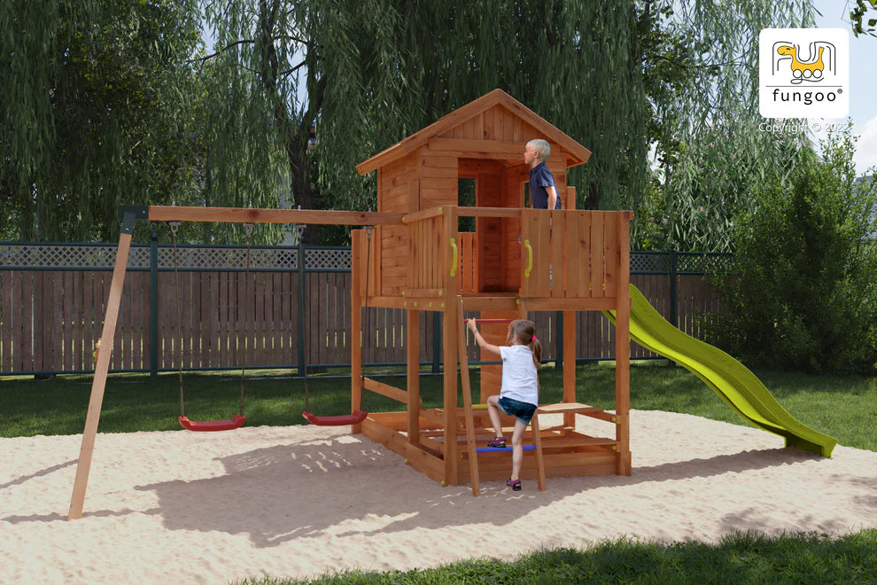 Fungoo 08950T MARS TEAK детска площадка с къща, пързалка и 2 люлки