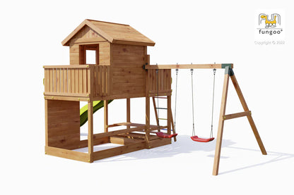 Fungoo 08950T MARS TEAK детска площадка с къща, пързалка и 2 люлки