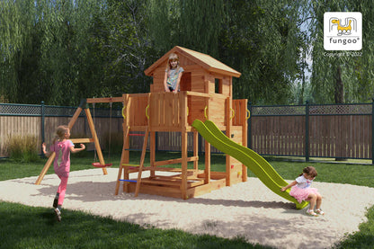Fungoo 08950T MARS TEAK детска площадка с къща, пързалка и 2 люлки