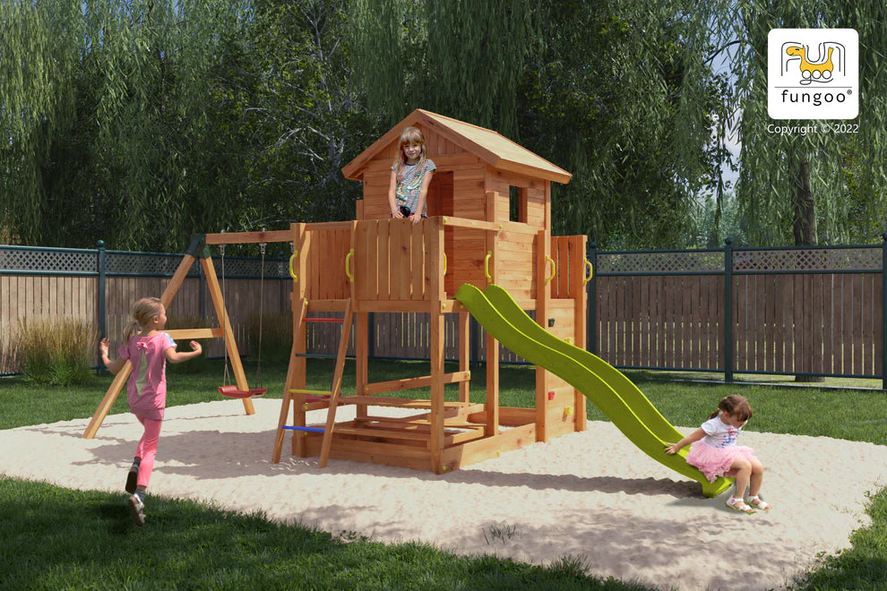 Fungoo 08950T MARS TEAK детска площадка с къща, пързалка и 2 люлки